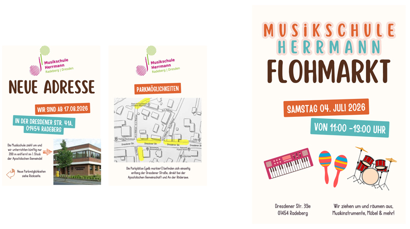 Flyer Umzug Musikschule und Flohmarkt am 4.7.2026 von 11 bis 13 Uhr in der Musikschule Dresdener Str. 39e 01454 Radeberg
